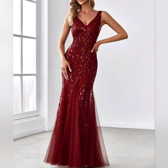 New Glam Floral Leaf Sequin Mesh Maxi Mermaid Gown Dress Burgundy Red - Picture 1 of 8